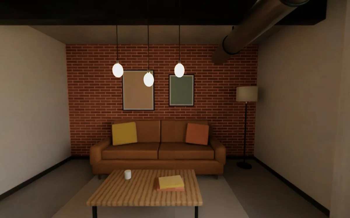 Living de estilo industrial con pared de ladrillo, sofá de cuero y lámparas de filamento